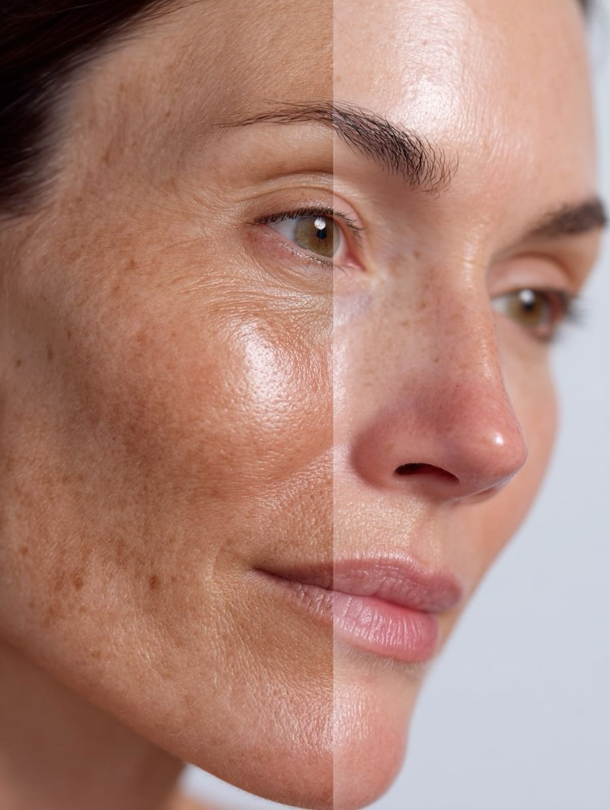 Close de pele facial ilustrando textura, tônus e uniformidade cutânea